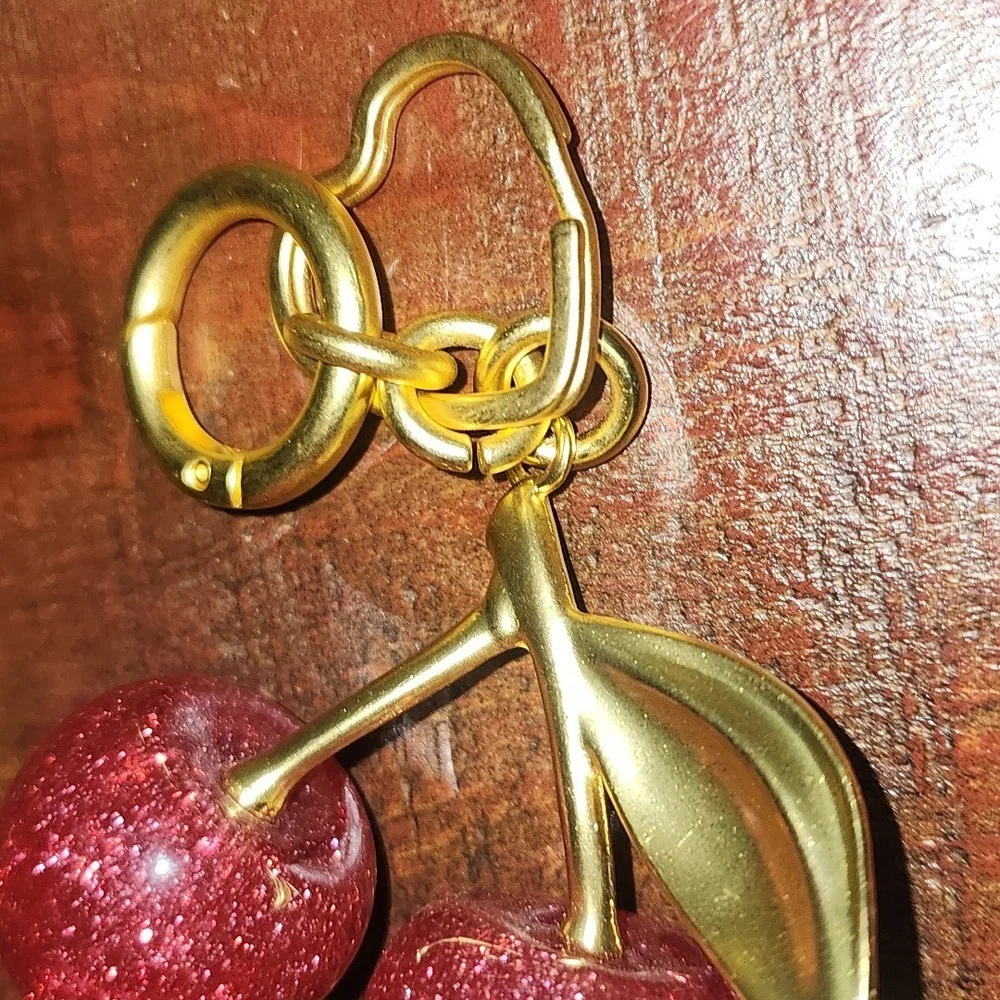 Dark Pink Glitter Cherries Bag Charm Purse Keychain Sparkles Heart NWOT